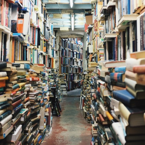Mentaltraining – Misstrauen: Ein schmaler, hoher Gang mit Bücherregalen an den Seiten
